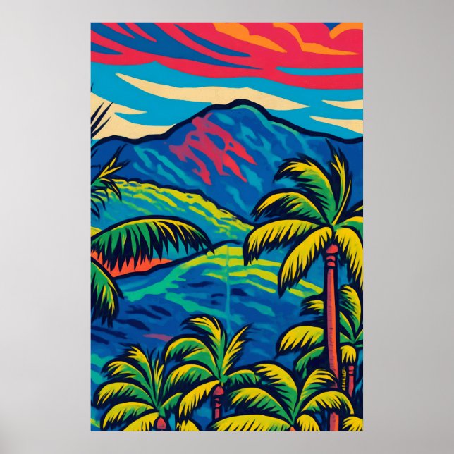 Tropical Palm Trees with Ko'olau Mountain Pop Art  Poster (Front)