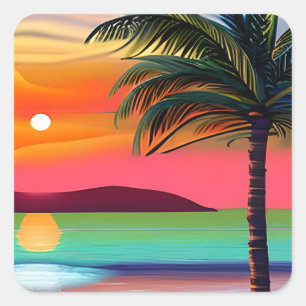 Tropical Palm Tres and Sunset Themed   Square Sticker