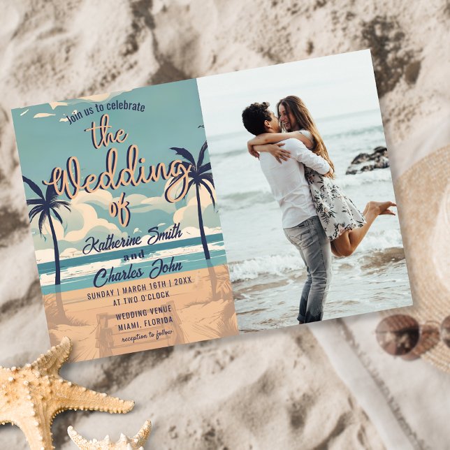 Tropical Palm Vintage Beach Wedding Photo Invitation (Creator Uploaded)