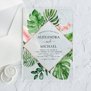 Tropical Palm Watercolor Geometric Wedding Acrylic Invitations