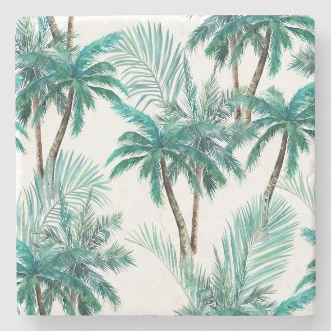 Tropical Palm: Watercolor Jungle Pattern. Stone Coaster (Front)