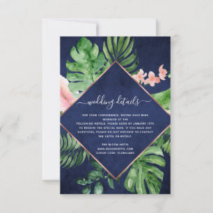 Tropical Palm Watercolor Navy Blue Wedding Details Invitation