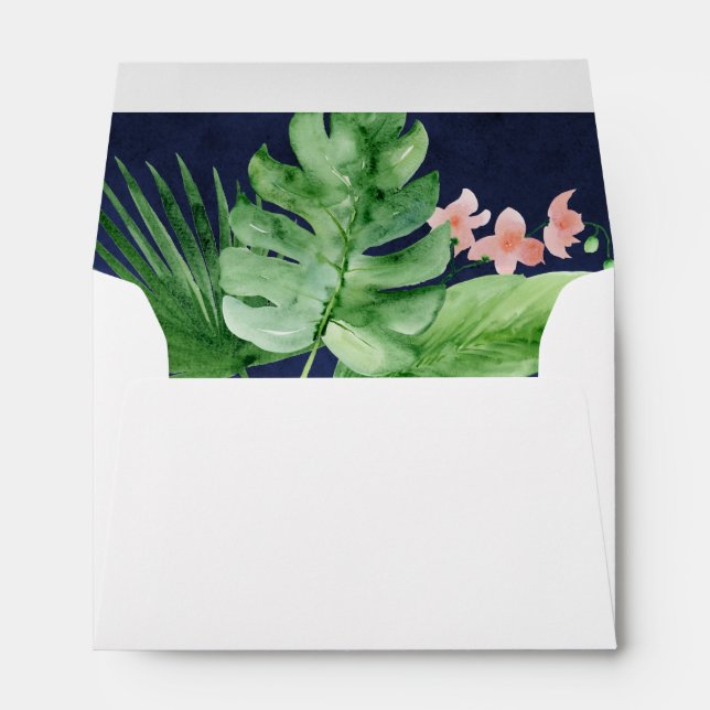 Tropical Palm Watercolor Navy Blue Wedding Luau Envelope (Back (Bottom))