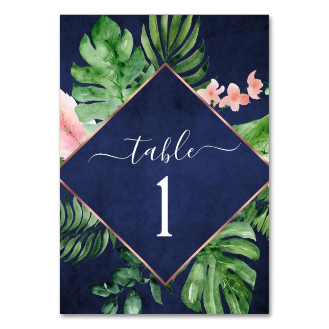 Tropical Palm Watercolor Navy Blue Wedding Table Number (Front)