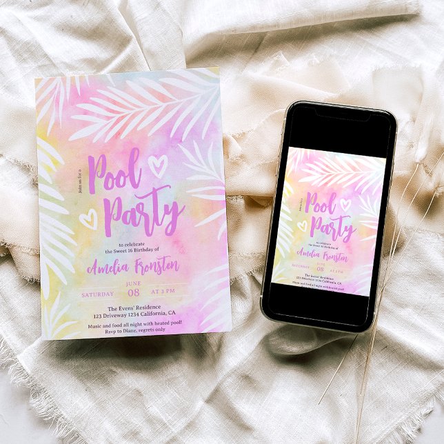 Tropical palm watercolor pool party Sweet 16 Invitation (Creator Uploaded)