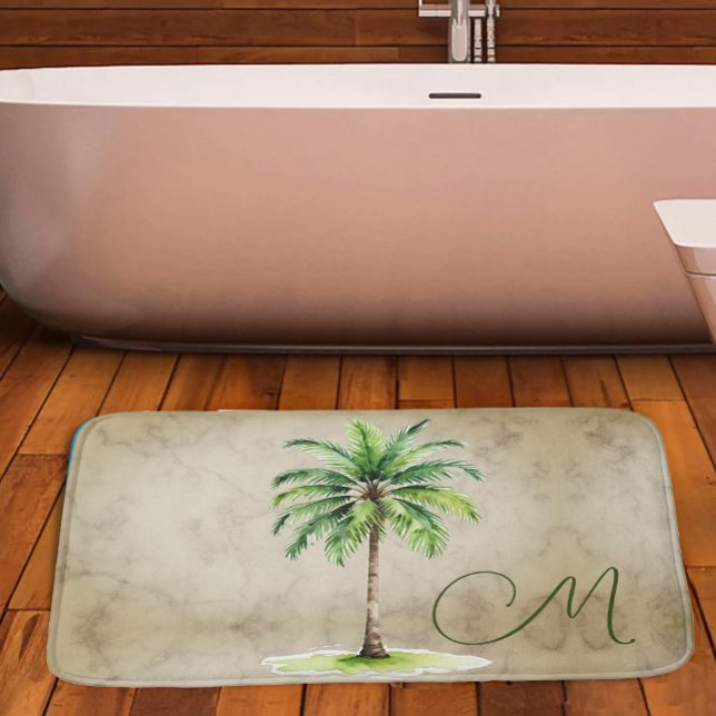 Tropical  Palm Watercolor Tree Monogram Elegant Bath Mat (Creator Uploaded)