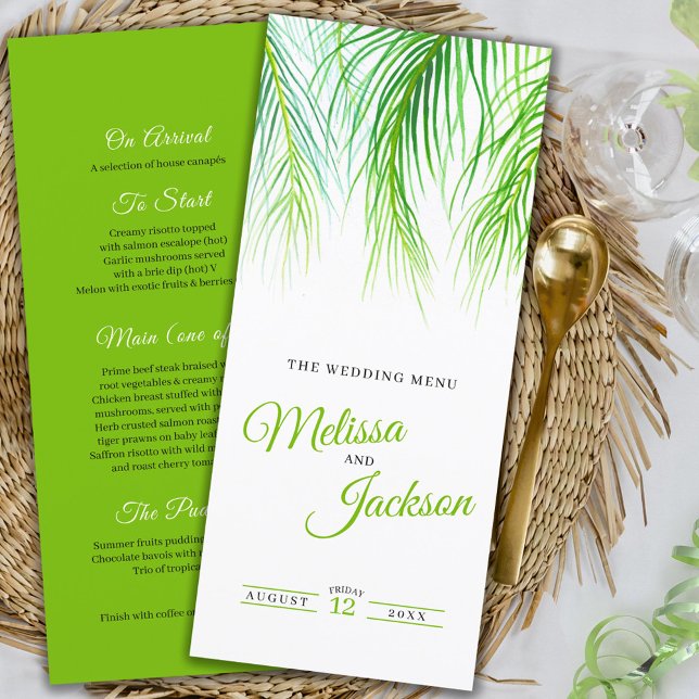 Tropical palm watercolor wedding green menu (Creator Uploaded)
