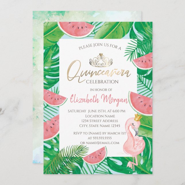 Tropical Palm Watermelon Pink Flamingo Invitation (Front/Back)