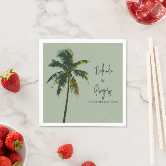Tropical Palm Wedding Cocktail Napkins Text Green