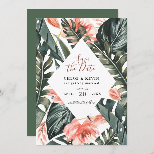 Tropical Palm Wedding Flat Save The Date Card (Front/Back)