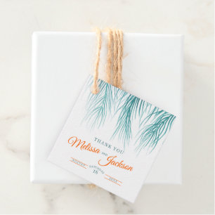 Tropical palm wedding thanks dark green orange favour tags