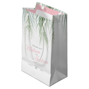 Tropical palm wedding thanks dark green pink white small gift bag