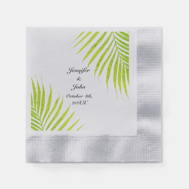 Tropical Palm Weddings Glittery Green Gold Silver Napkin (Front)