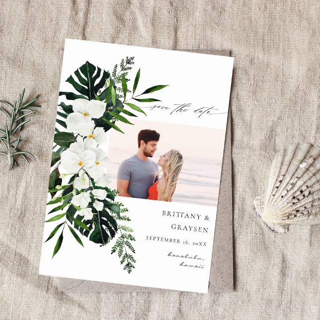 Tropical Palm & White Floral Save the Date Photo (Creator Uploaded)