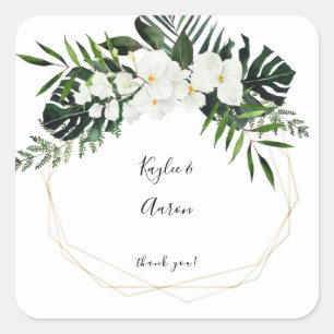 Tropical Palm & White Floral Thank You 2 Square Sticker