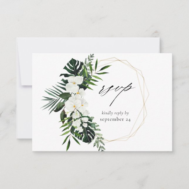 Tropical Palm & White Floral w Meal RSVP Card (Front)