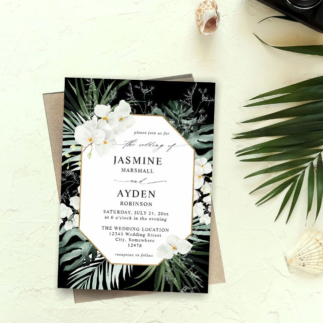 Tropical Palm & White Floral Wedding V2 LN Black Invitation (Creator Uploaded)