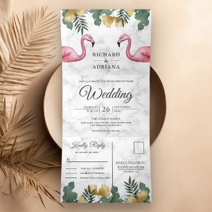 Tropical Palm White Marble Flamingo Couple Wedding Tri-Fold Invitation