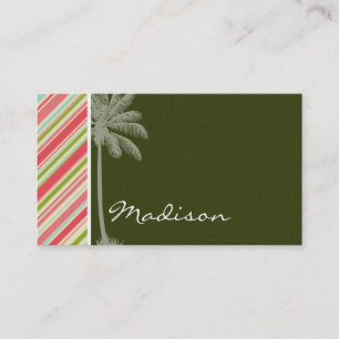 Tropical Palm with Coral & Green Stripes Business Card