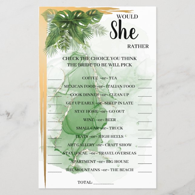 Tropical Palm Would She Rather Bridal Shower Game  Flyer (Front)