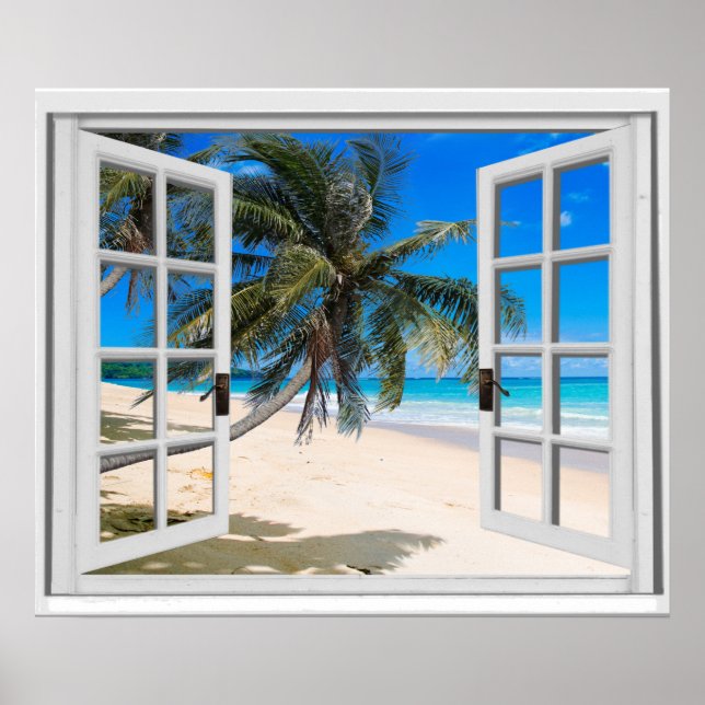 Tropical Palms and Ocean Faux Window View Poster (Front)