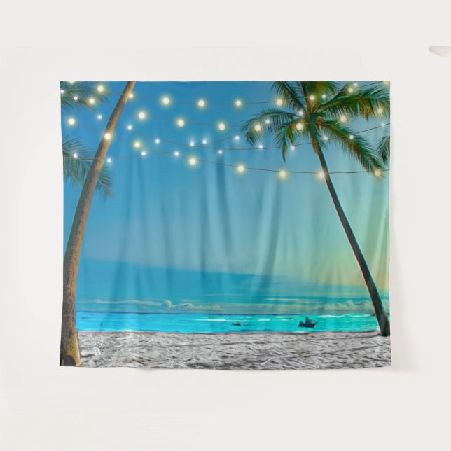 Tropical Palms Beach Lights Photobooth Backdrop Tapestry (Front (Horizontal))