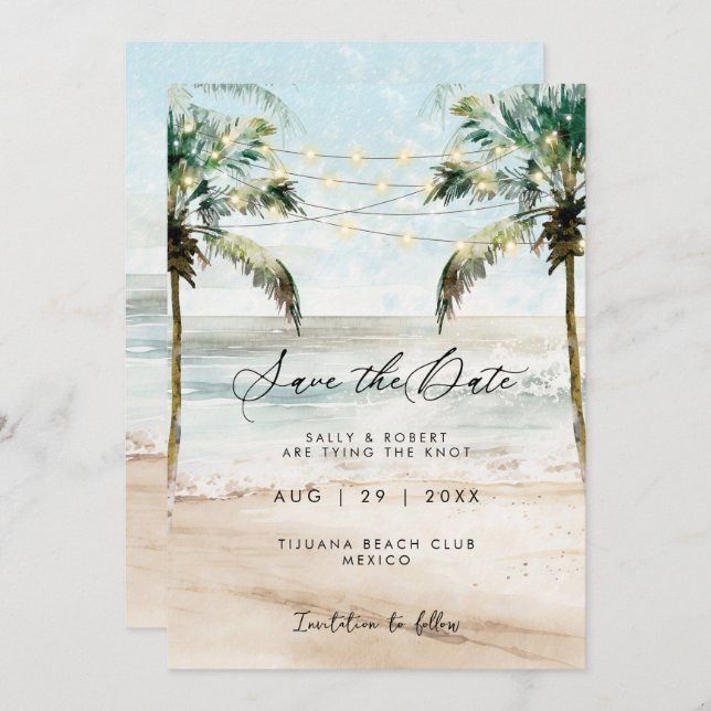 Tropical palms beach lights save the date card (Front/Back)
