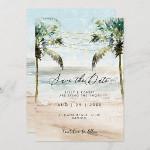 Tropical palms beach lights save the date card