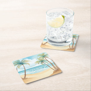 Tropical Palms   Beach Watercolor Wedding Square Paper Coaster