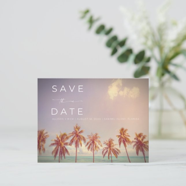 Tropical Palms Beach Wedding Save the Date Announcement Postcard (Standing Front)