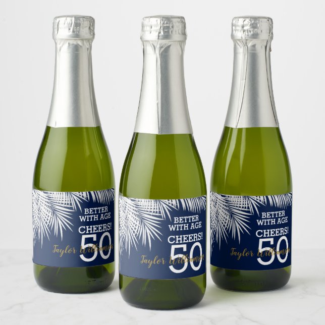 Tropical Palms Birthday Navy Blue Mini Sparkling Wine Label (Bottles)