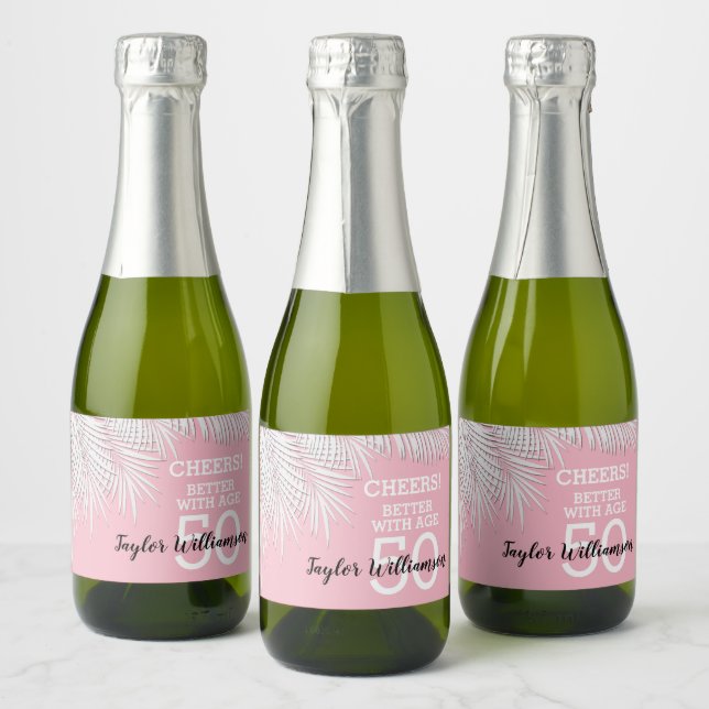 Tropical Palms Birthday Pink Mini Sparkling Wine Label (Bottles)