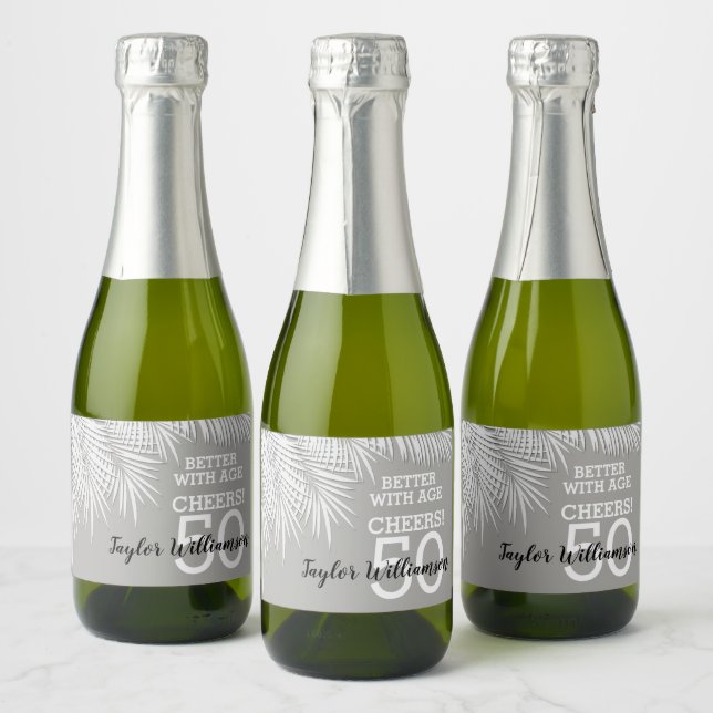 Tropical Palms Birthday Silver Mini Sparkling Wine Label (Bottles)