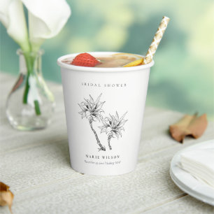 Tropical Palms Black White Sketch Bridal Shower Paper Cups