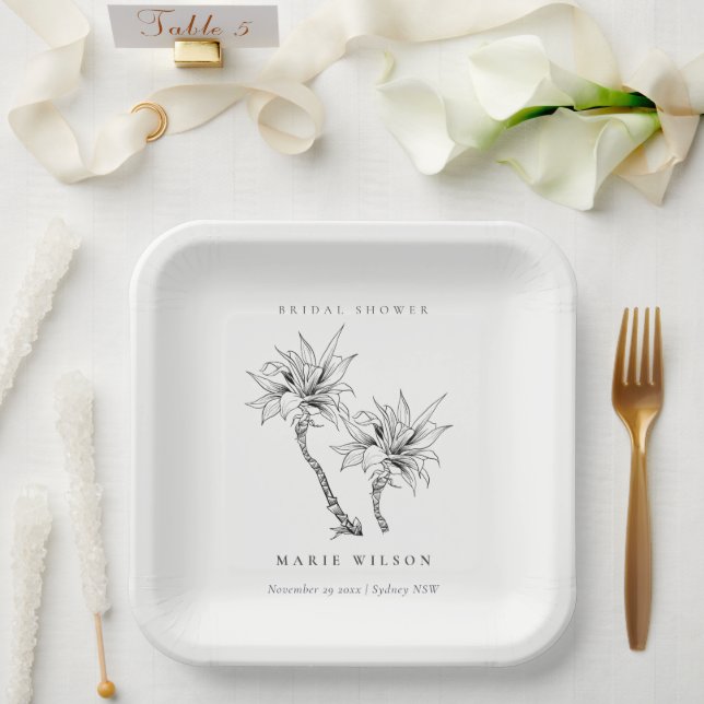Tropical Palms Black White Sketch Bridal Shower Paper Plate (Wedding)