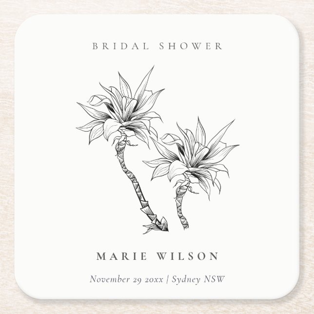 Tropical Palms Black White Sketch Bridal Shower Square Paper Coaster (Front)