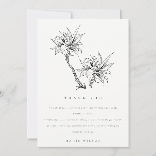 Tropical Palms Black White Sketch Bridal Shower Thank You Card (Front)