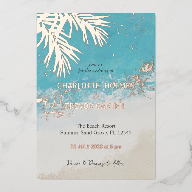  Tropical Palms Blue Ocean Beach Wedding Gold (Front)