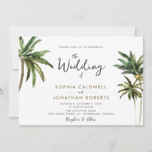 Tropical Palms Calligraphy Destination Wedding Invitation