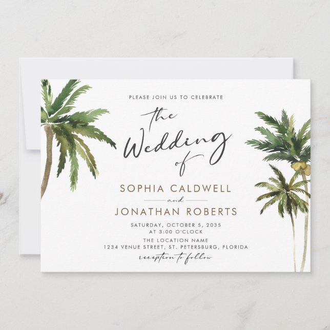 Tropical Palms Calligraphy Destination Wedding Invitation (Front)