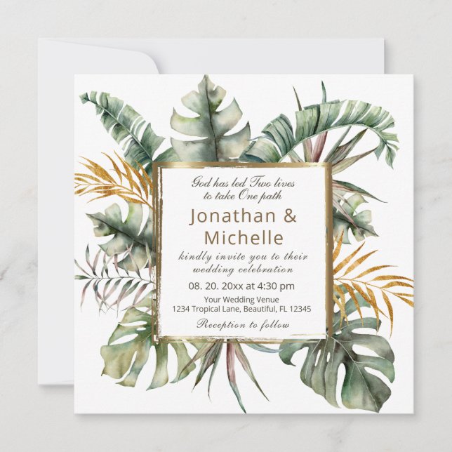 Tropical Palms Eucalyptus Floral Christian Wedding Invitation (Front)