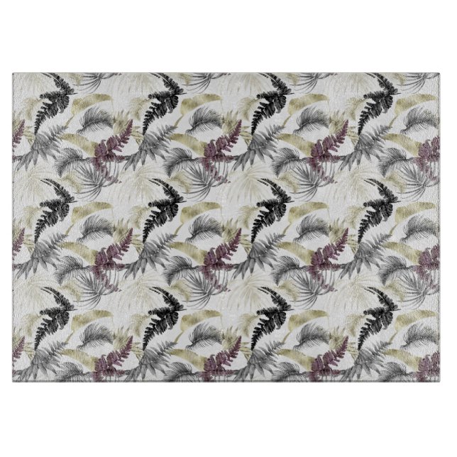 Tropical Palms, Fern in Wine And Black  Cutting Board (Front)