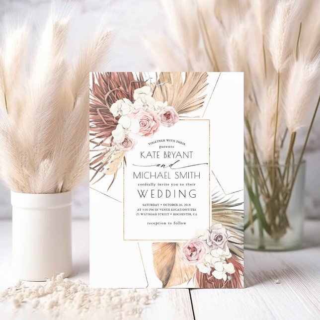 Tropical Palms Foliage Seaside Desert Wedding Invitation (Boho Exotic Foliage Wedding Invitations)