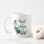 Tropical Palms Gold Circle Maid of Honour Coffee Mug<br><div class="desc">Tropical Foliage Trendy Greenery and Gold Wreath Circle Personalised Maid of Honour Coffee Mugs - with tropical leaf wreath. A fun bridal party gift idea, or to hold all the wedding swag for your bridesmaids, in a bold colour palette of rich greens, emerald, and gold. This design is perfect for...</div>