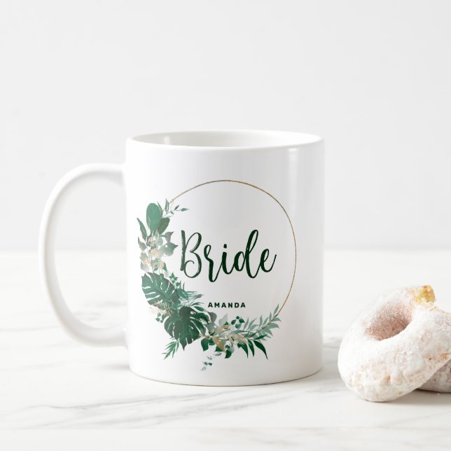 Tropical Palms Gold Circle Personalised Bride Coffee Mug (With Donut)