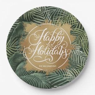 Tropical Palms Gold Faux Foil Holidays Paper Plate