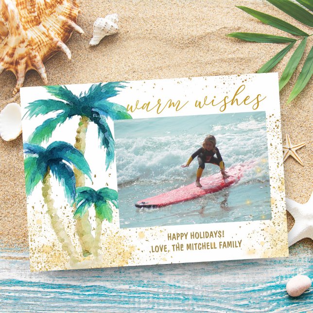 Tropical Palms Gold Warm Wishes Christmas Photo Holiday Card (Creator Uploaded)
