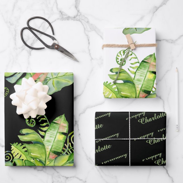 Tropical Palms Greenery Coordinated Gift Wrapping Paper Sheet (Front)
