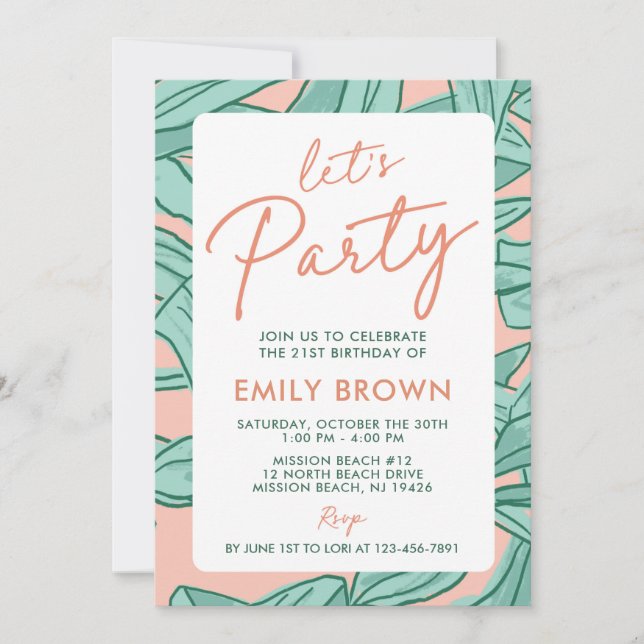 Tropical Palms Let's Party Any Age Birthday Invitation (Front)