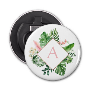 Tropical Palms Monogram Blush Pink Wedding Favour Bottle Opener